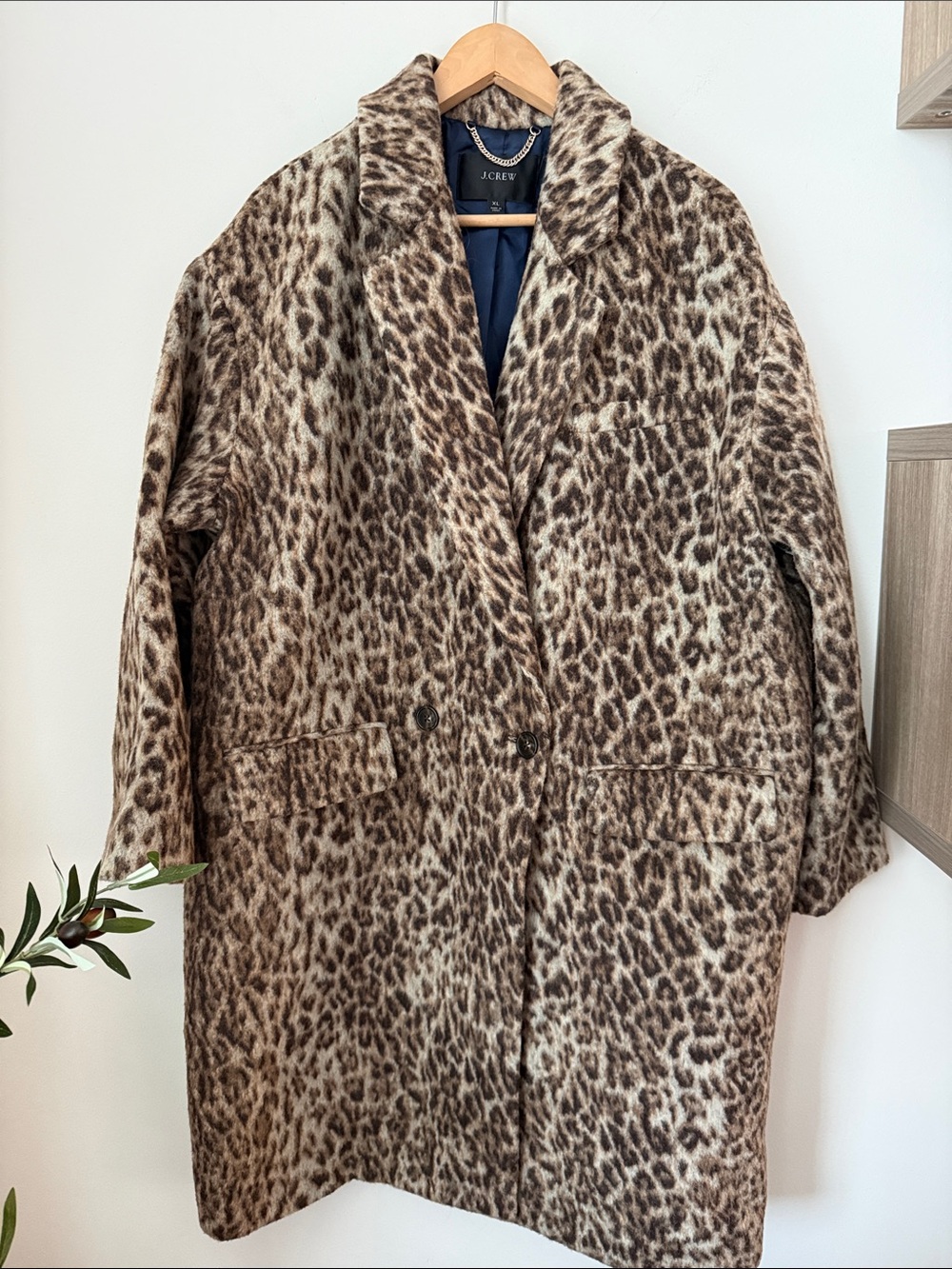 J. Crew Oversized Brown Leopard Print Faux Fur Pea Coat Size XL